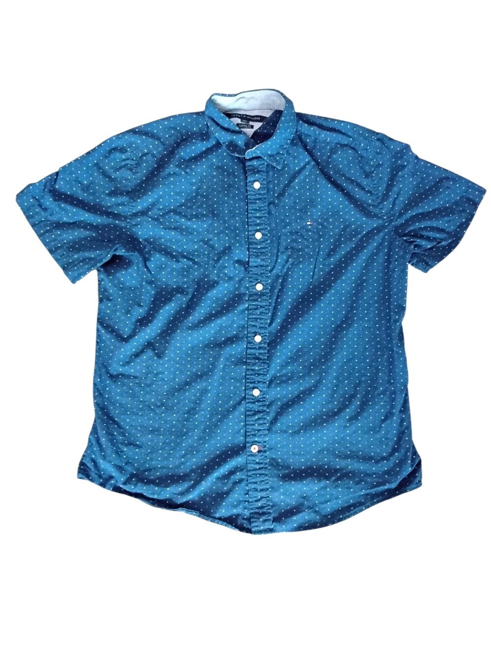 Tommy Hilfiger Blue Short-Sleeve Button Down Dot Print Shirt Mens Large
